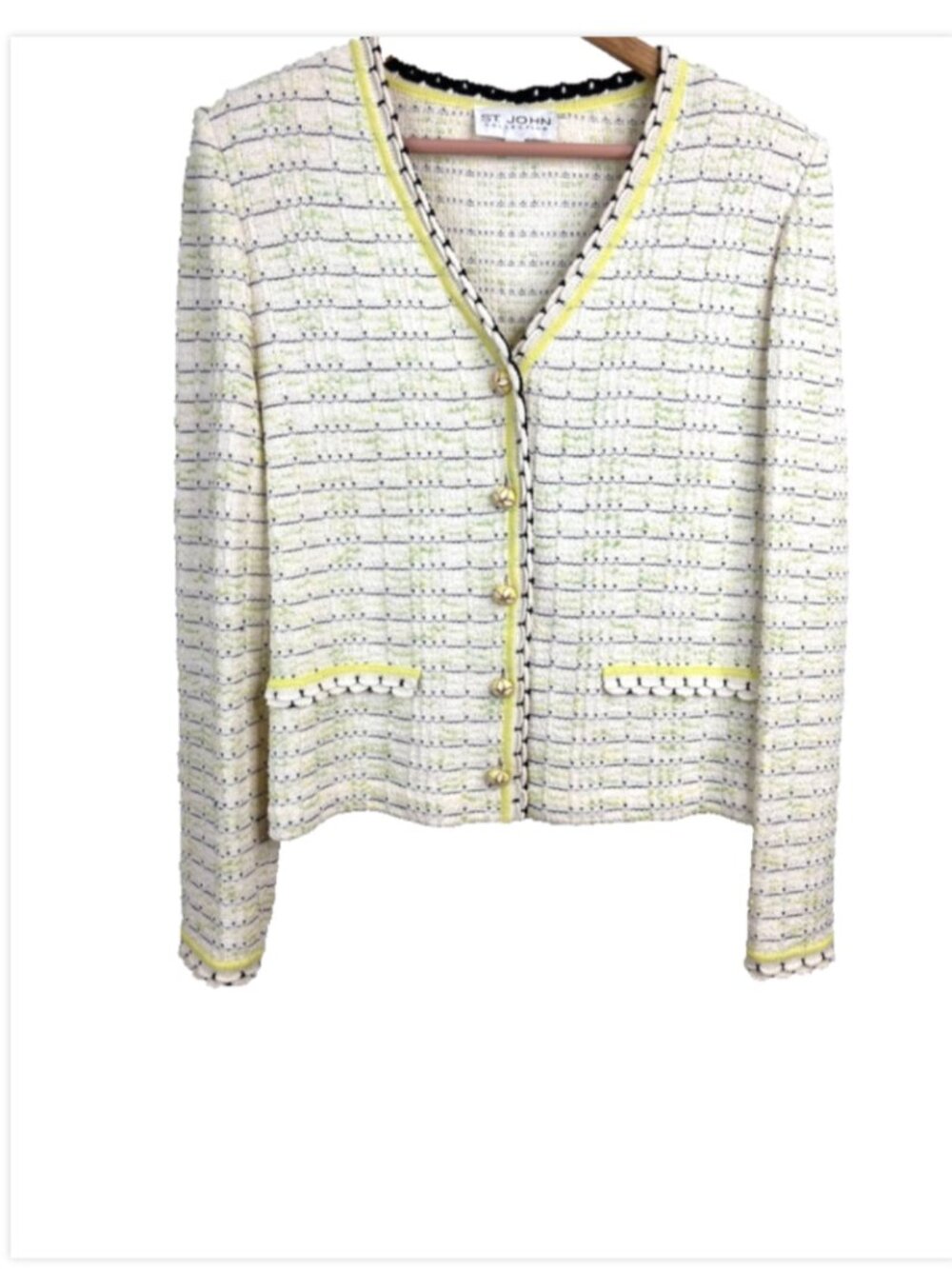 St. John Collection Yellow White Tweed Knit Blazer Jacket Gold Buttons Size 10